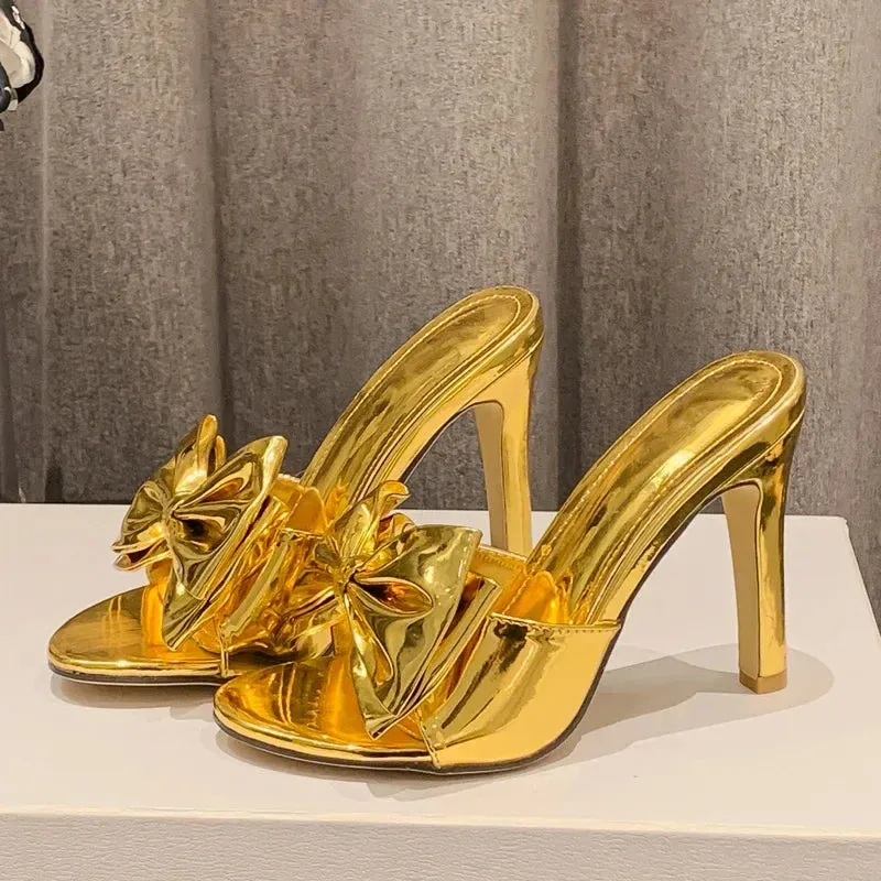 binfenxie Fashion Gold Silver Pointed Toe Women Slippers Sexy Design Butterfly-knot Thin High Heels Stripper Slides Shoes