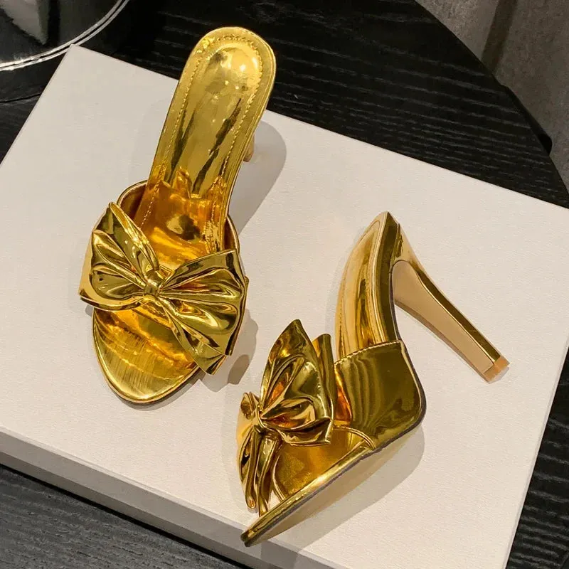 binfenxie Fashion Gold Silver Pointed Toe Women Slippers Sexy Design Butterfly-knot Thin High Heels Stripper Slides Shoes