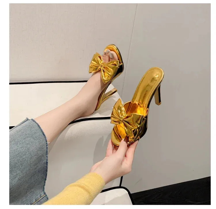 binfenxie Fashion Gold Silver Pointed Toe Women Slippers Sexy Design Butterfly-knot Thin High Heels Stripper Slides Shoes