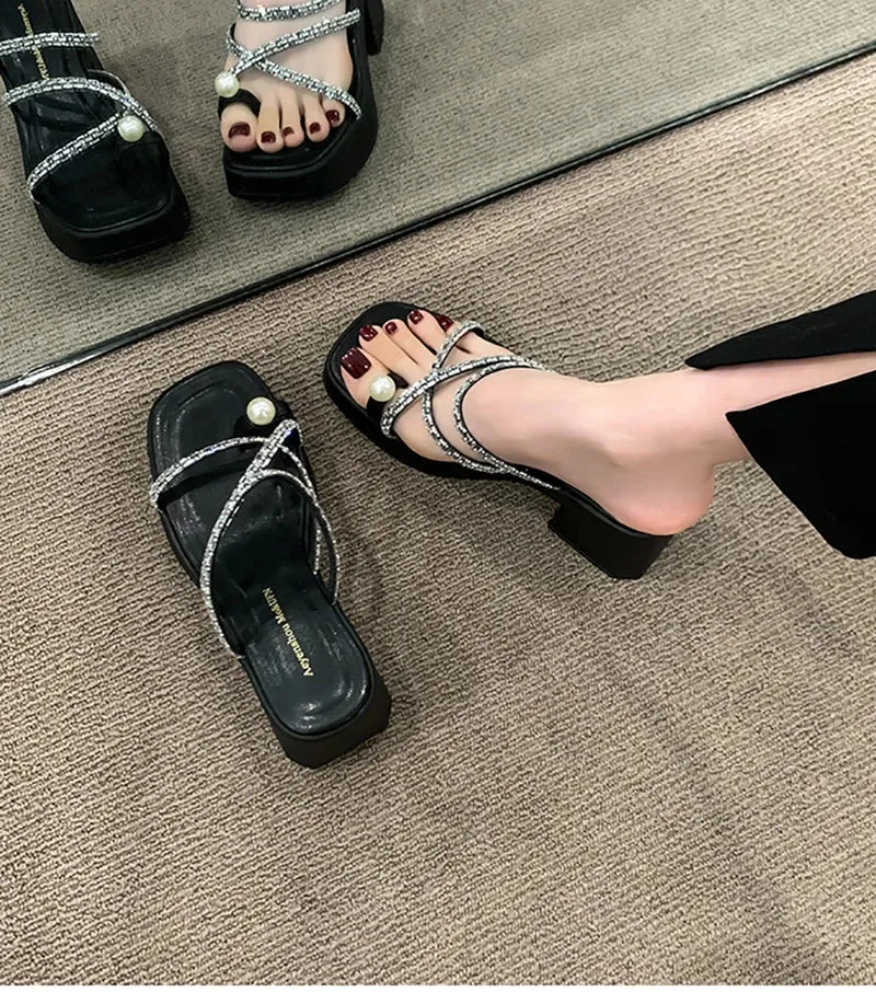 binfenxie Summer Clip Toe Women Slipper Fashion Elegant Crystal Narrow Band Thick Heel Slides Ladies Elegant Dress Sandalias Shoes