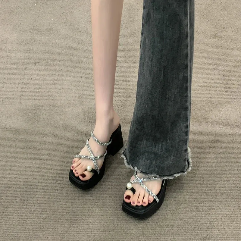 binfenxie Summer Clip Toe Women Slipper Fashion Elegant Crystal Narrow Band Thick Heel Slides Ladies Elegant Dress Sandalias Shoes