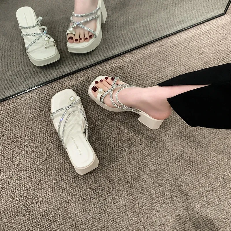 binfenxie Summer Clip Toe Women Slipper Fashion Elegant Crystal Narrow Band Thick Heel Slides Ladies Elegant Dress Sandalias Shoes