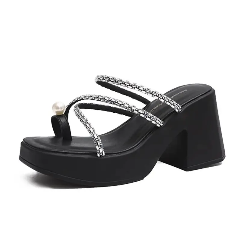 binfenxie Summer Clip Toe Women Slipper Fashion Elegant Crystal Narrow Band Thick Heel Slides Ladies Elegant Dress Sandalias Shoes