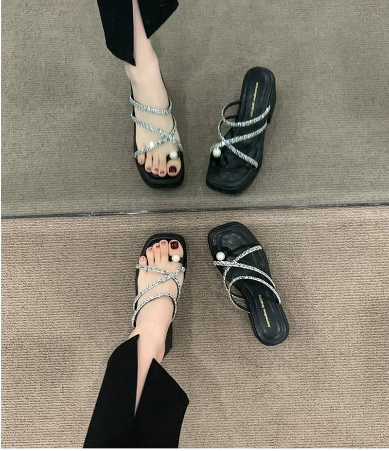 binfenxie Summer Clip Toe Women Slipper Fashion Elegant Crystal Narrow Band Thick Heel Slides Ladies Elegant Dress Sandalias Shoes