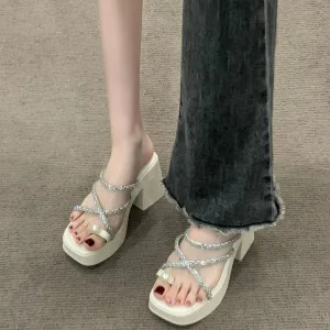 binfenxie Summer Clip Toe Women Slipper Fashion Elegant Crystal Narrow Band Thick Heel Slides Ladies Elegant Dress Sandalias Shoes