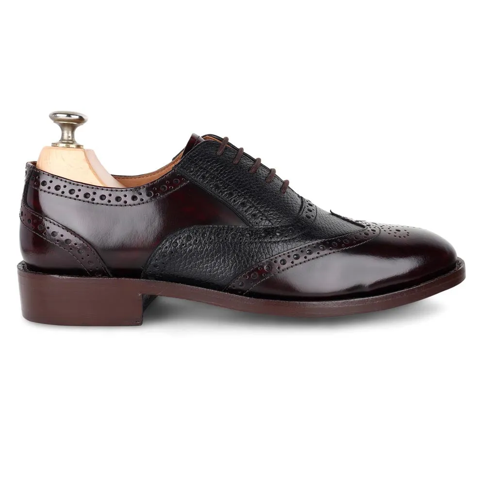 Brushed Burgundy   Black Milled Goodyear Welted Fiddle Back Wingtip Oxfords
