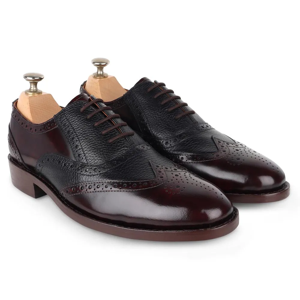 Brushed Burgundy   Black Milled Goodyear Welted Fiddle Back Wingtip Oxfords