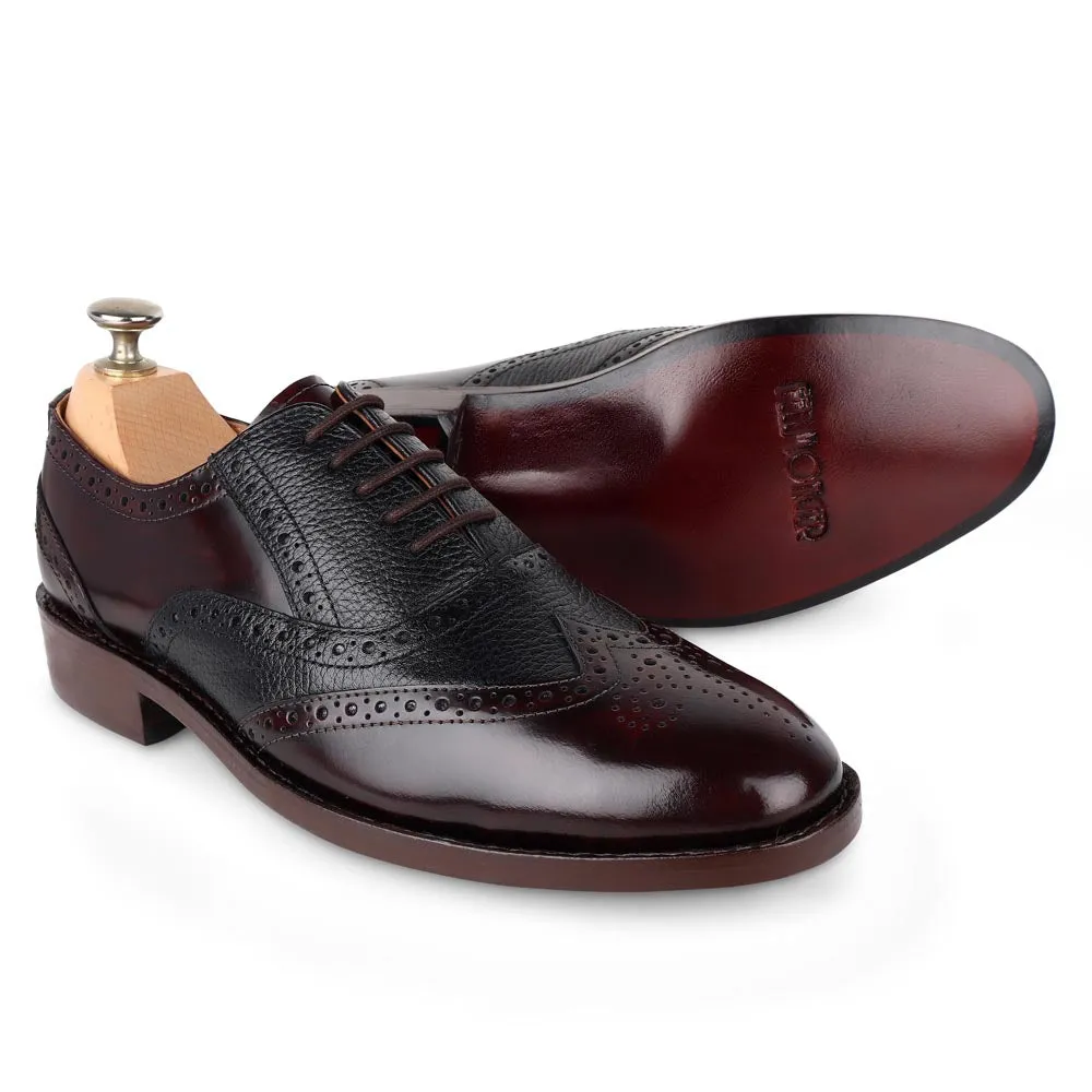 Brushed Burgundy   Black Milled Goodyear Welted Fiddle Back Wingtip Oxfords