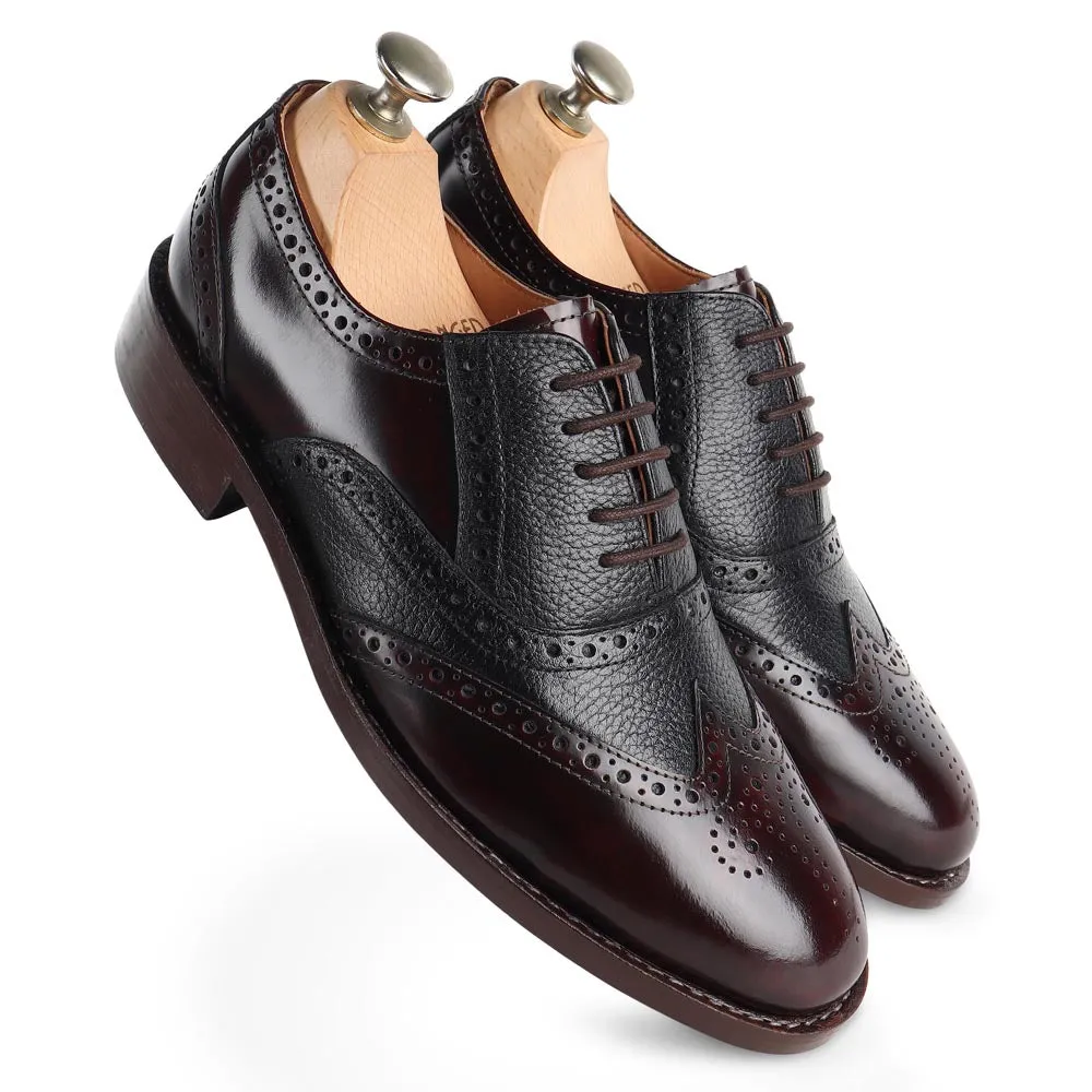 Brushed Burgundy   Black Milled Goodyear Welted Fiddle Back Wingtip Oxfords