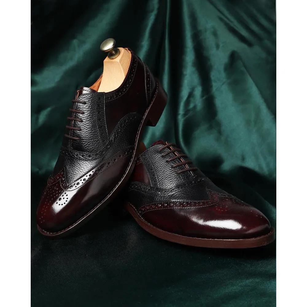Brushed Burgundy   Black Milled Goodyear Welted Fiddle Back Wingtip Oxfords