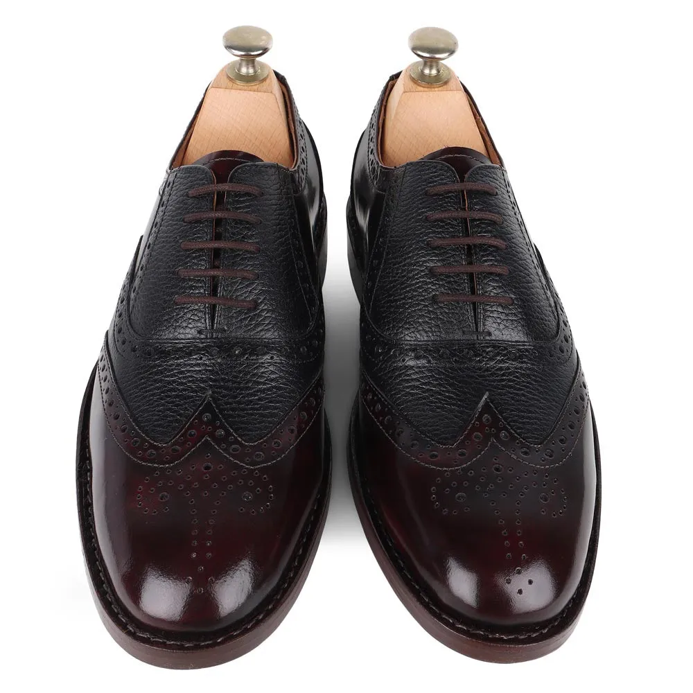 Brushed Burgundy   Black Milled Goodyear Welted Fiddle Back Wingtip Oxfords