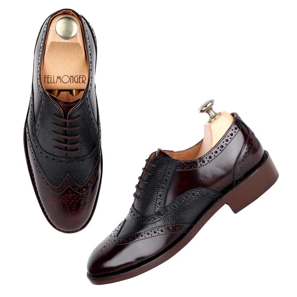 Brushed Burgundy   Black Milled Goodyear Welted Fiddle Back Wingtip Oxfords