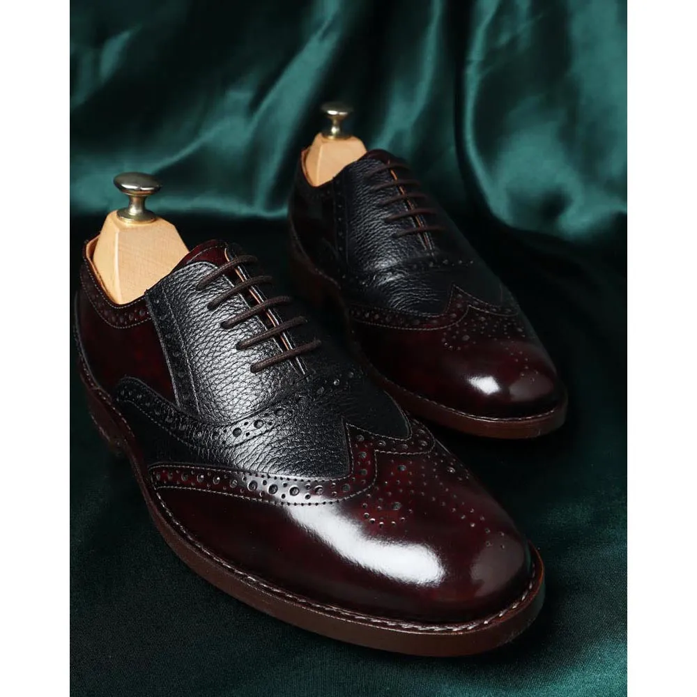 Brushed Burgundy   Black Milled Goodyear Welted Fiddle Back Wingtip Oxfords