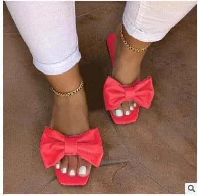 Fashion Summer Plus Size One-line Solid Color Bow Flat Sandals Outdoor Beach Slippers Elegant Women Shoes 2023