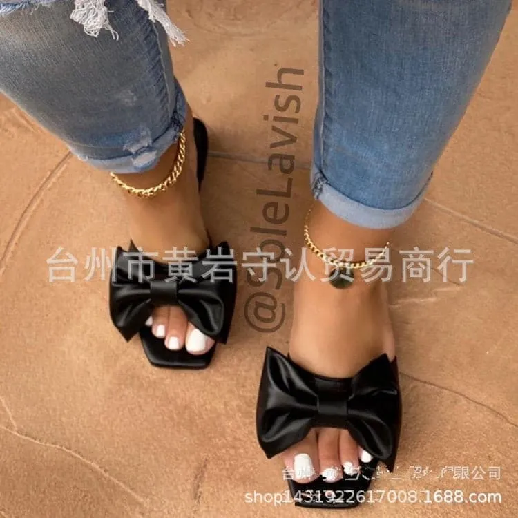 Fashion Summer Plus Size One-line Solid Color Bow Flat Sandals Outdoor Beach Slippers Elegant Women Shoes 2023