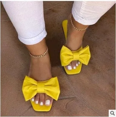 Fashion Summer Plus Size One-line Solid Color Bow Flat Sandals Outdoor Beach Slippers Elegant Women Shoes 2023