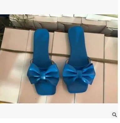 Fashion Summer Plus Size One-line Solid Color Bow Flat Sandals Outdoor Beach Slippers Elegant Women Shoes 2023