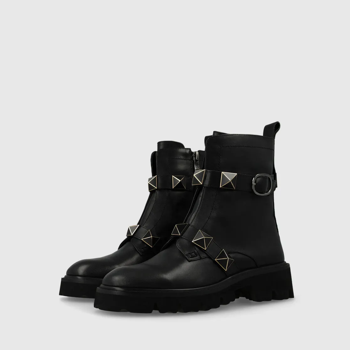 Flat biker style women¶ïs ankle boots in leather