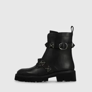 Flat biker style women¶ïs ankle boots in leather
