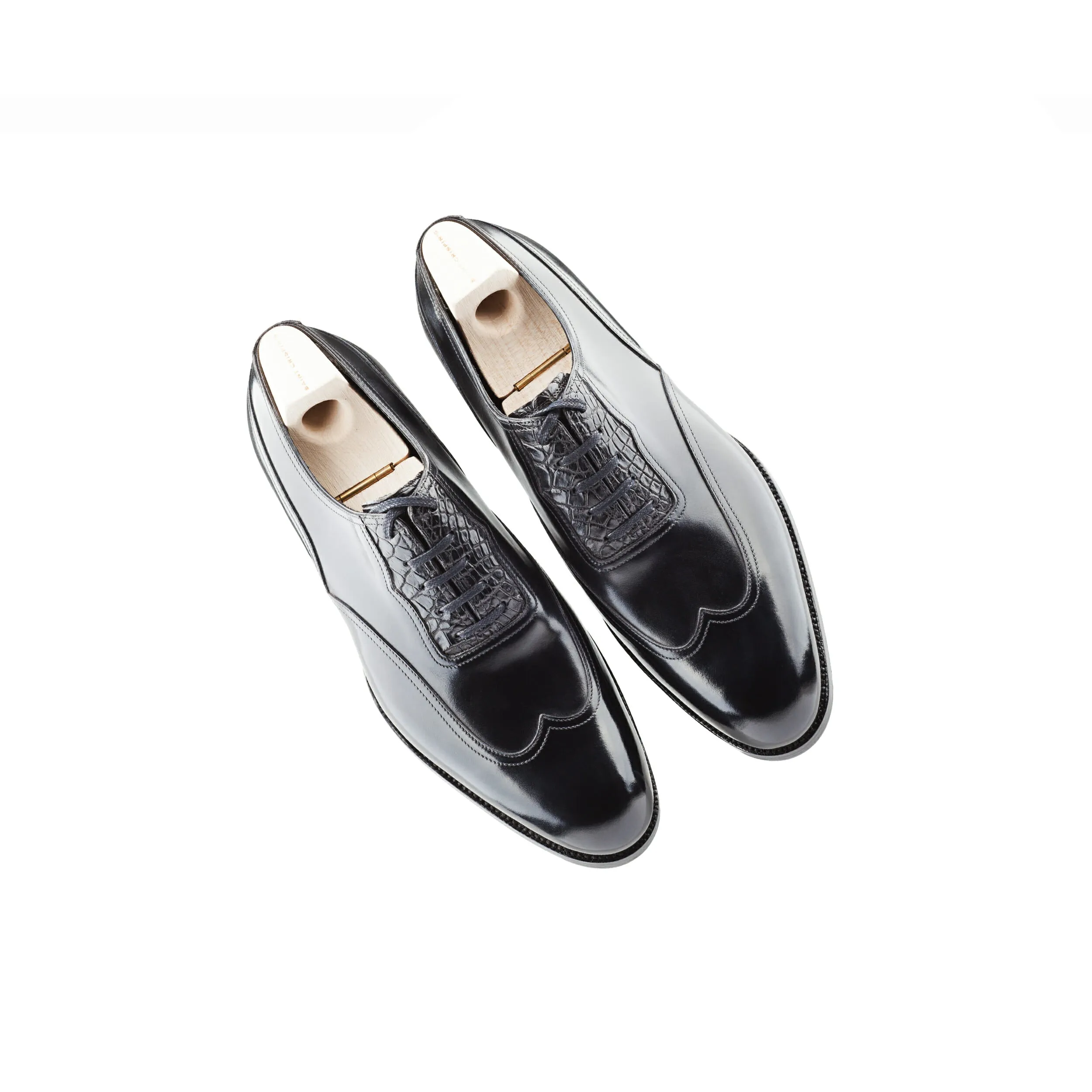 Goodyear Welted Moncorvo Black Leather Croc Print Oxford With Violin Leather Sole