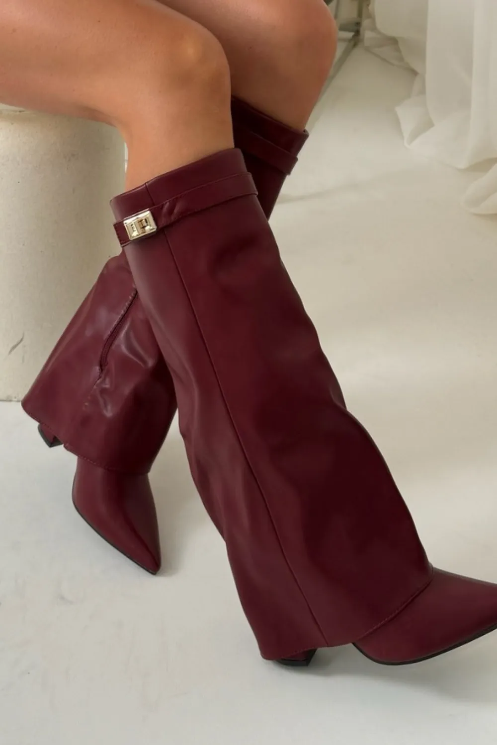 Kimmy burgundy knee high fold over heel boots
