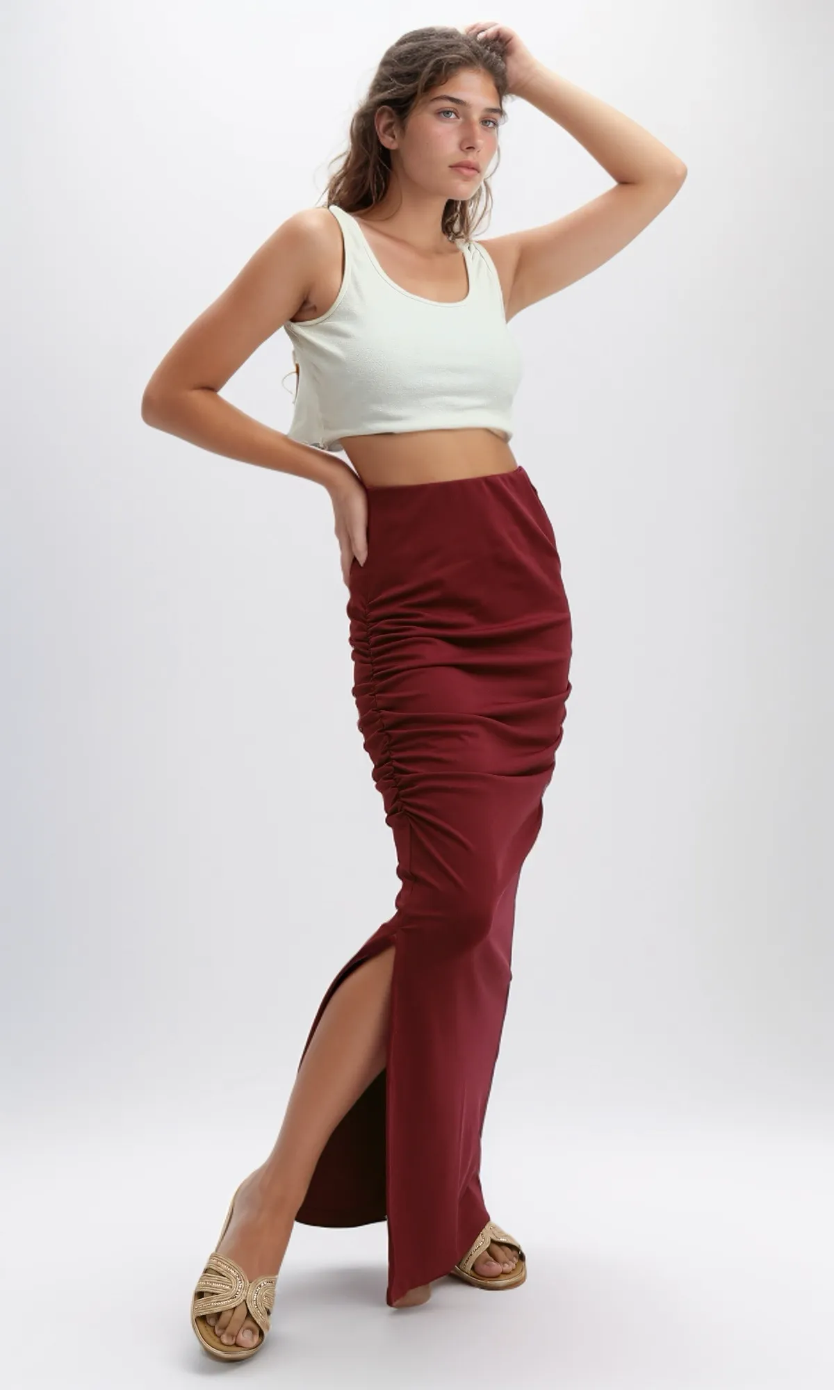 O189290 Dark Fushia Slip On Skirt With Slits