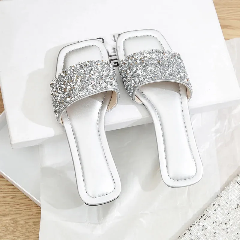 Shiny Rhinestone Design Elegant Flat Slippers For Women