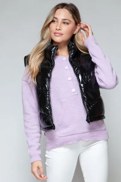 Snobbish Zip Up Turtleneck Shiny Quilted Vest (Black)