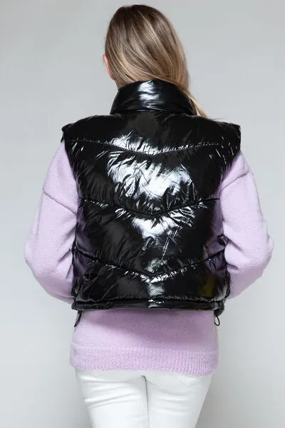 Snobbish Zip Up Turtleneck Shiny Quilted Vest (Black)