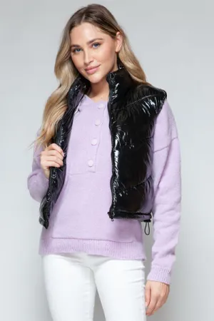 Snobbish Zip Up Turtleneck Shiny Quilted Vest (Black)