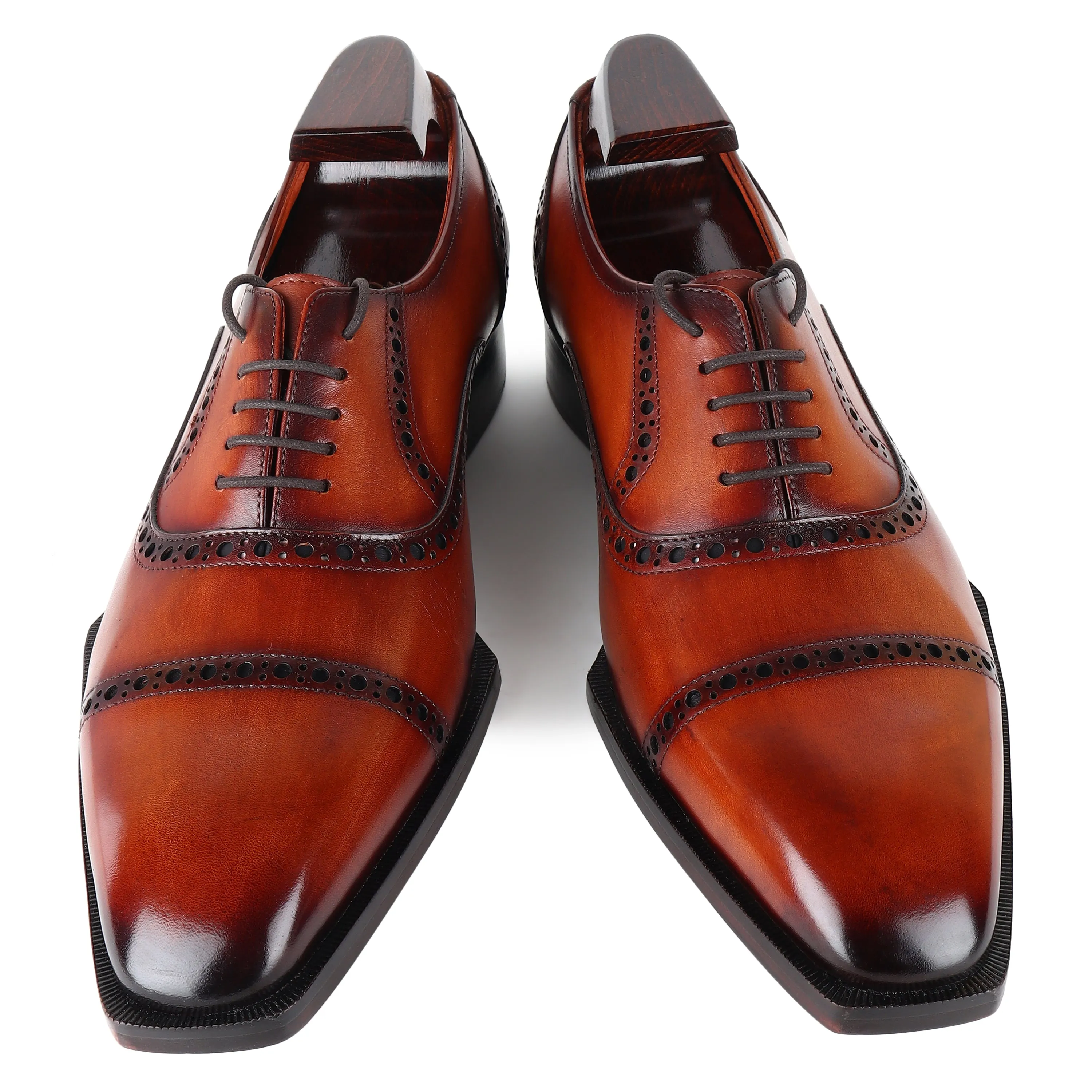 Tan Patina Mirror Glossed Spade Sole Captoe Oxfords