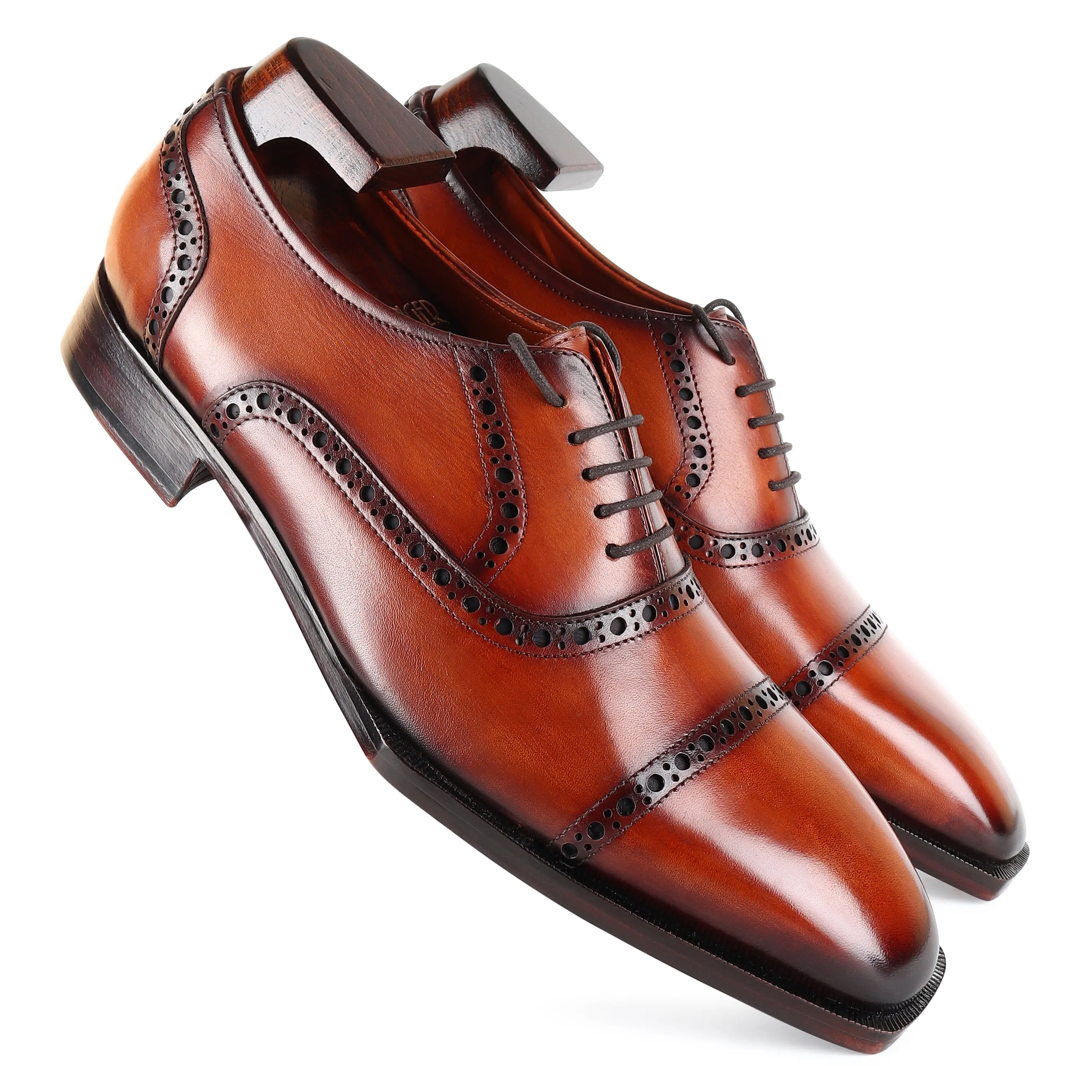 Tan Patina Mirror Glossed Spade Sole Captoe Oxfords