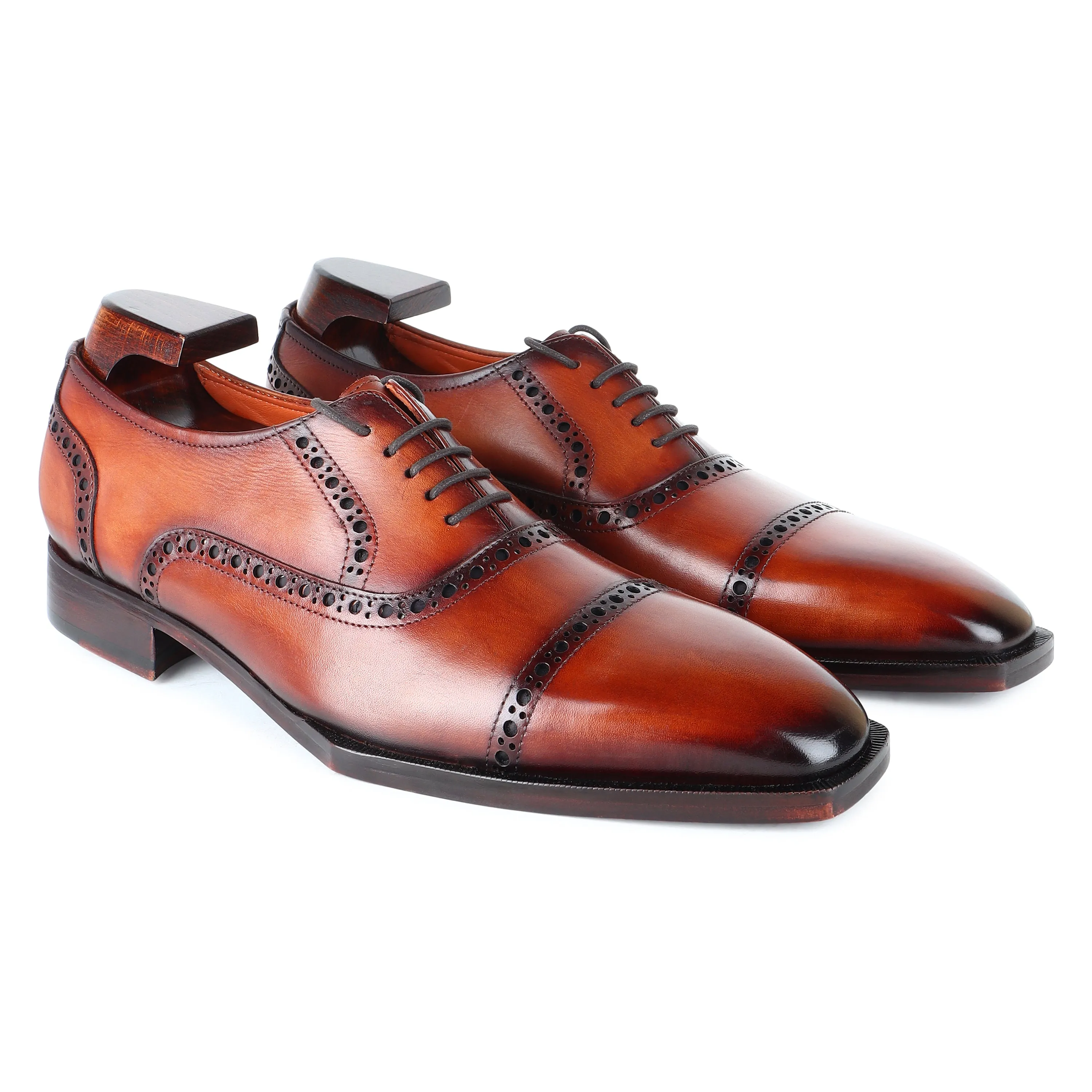 Tan Patina Mirror Glossed Spade Sole Captoe Oxfords
