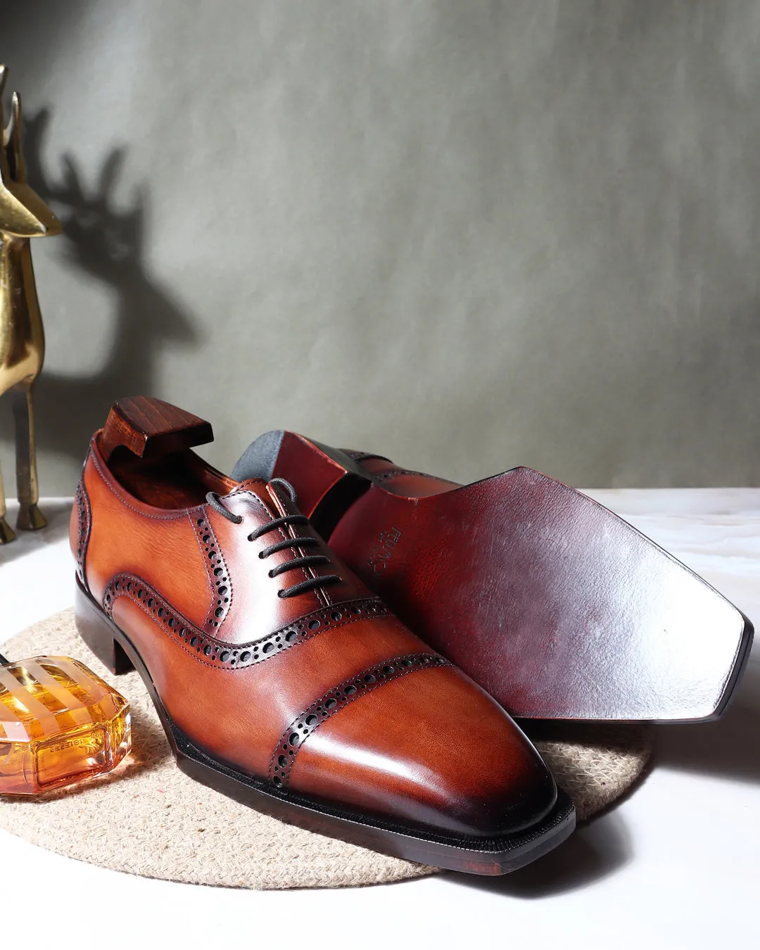 Tan Patina Mirror Glossed Spade Sole Captoe Oxfords