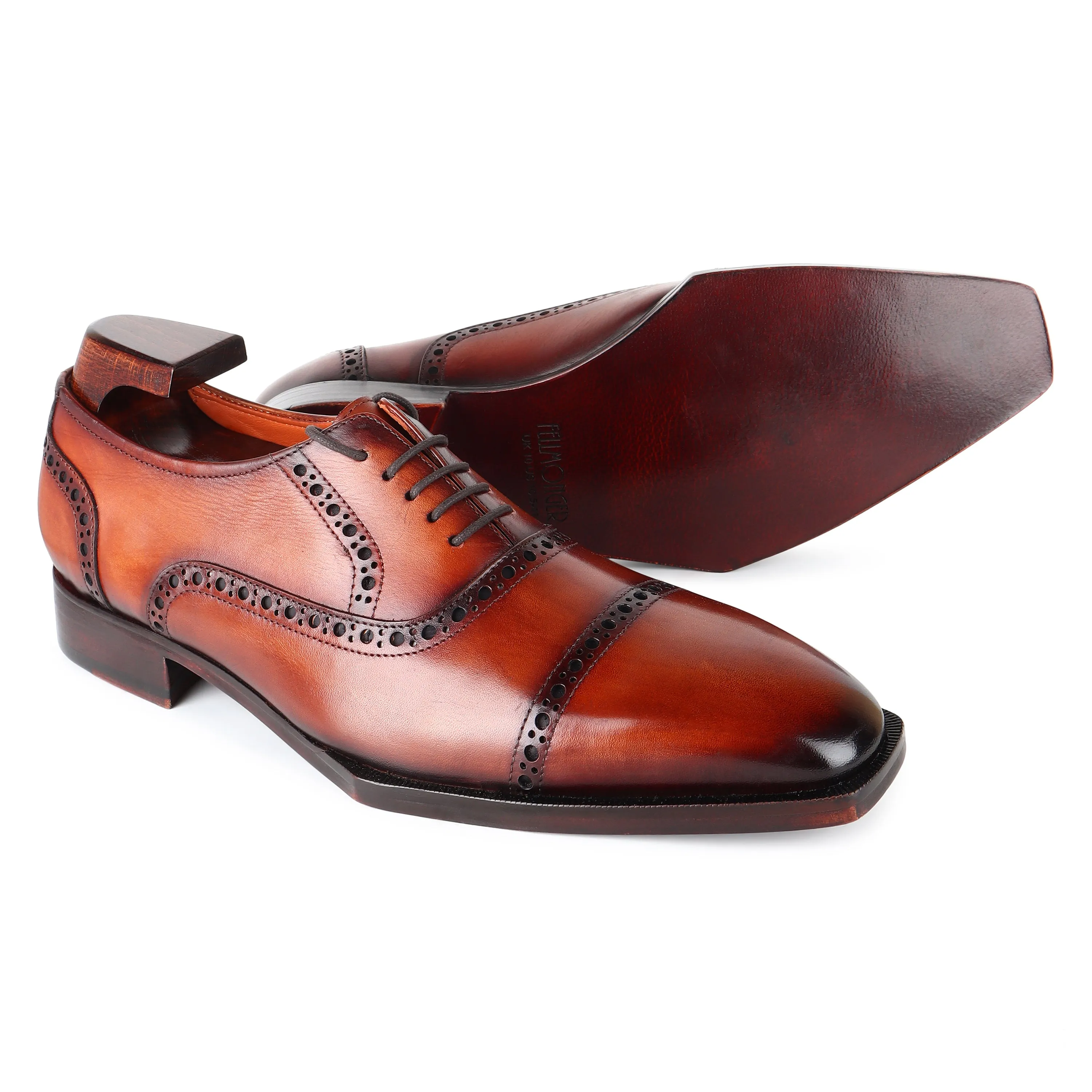 Tan Patina Mirror Glossed Spade Sole Captoe Oxfords