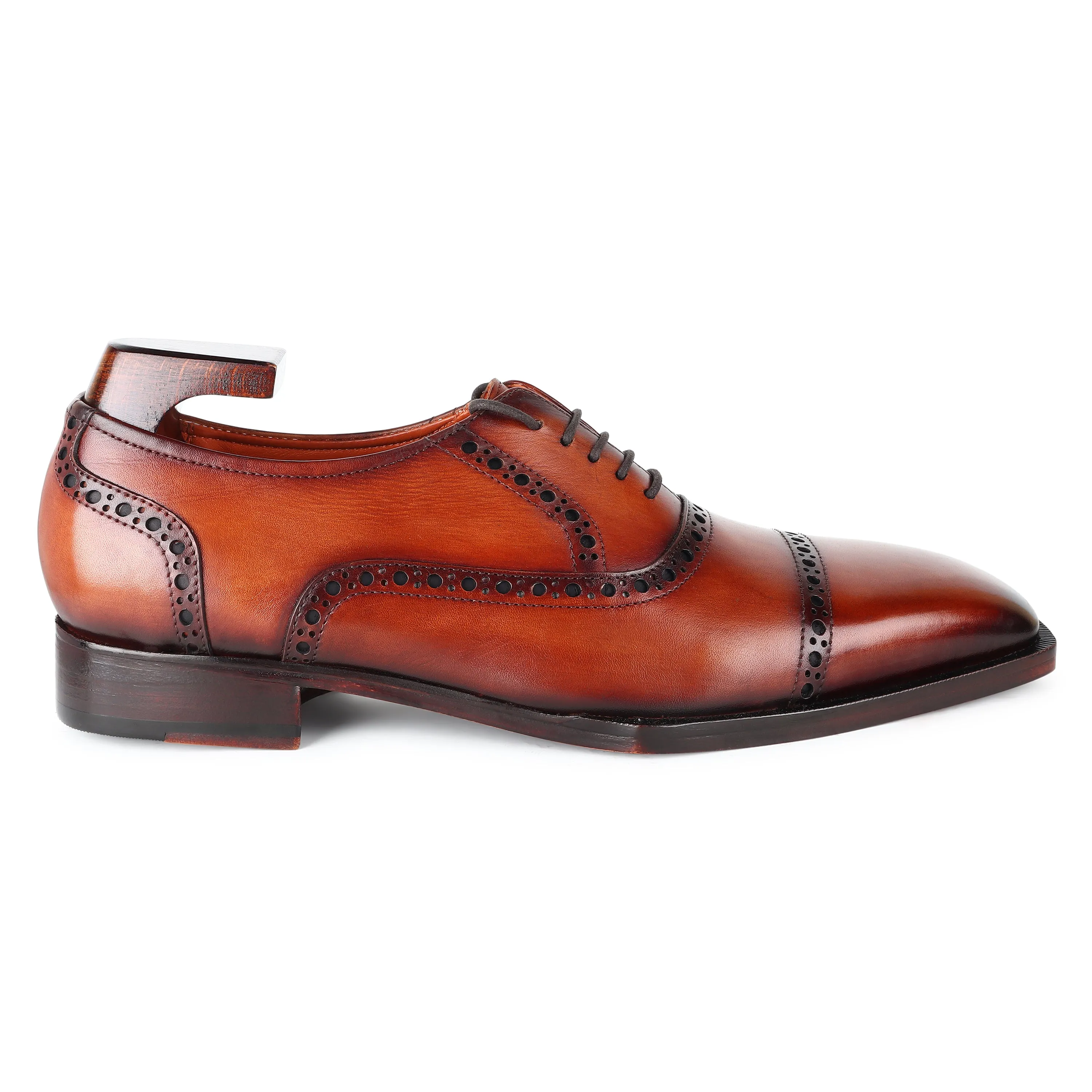 Tan Patina Mirror Glossed Spade Sole Captoe Oxfords