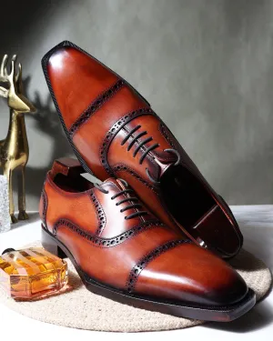 Tan Patina Mirror Glossed Spade Sole Captoe Oxfords