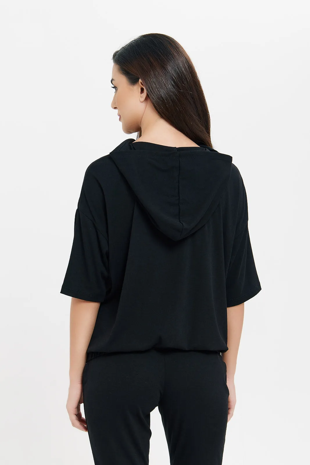 Women Black Short Sleeve Hoodie Sweatshirt