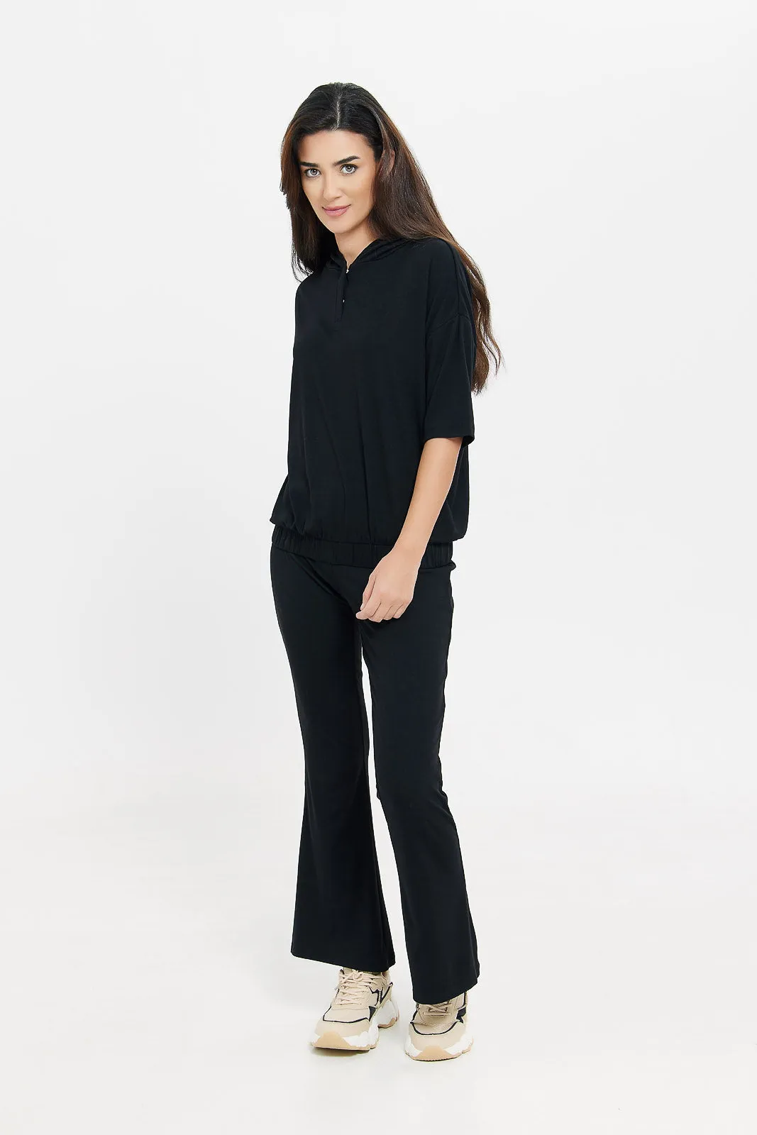 Women Black Short Sleeve Hoodie Sweatshirt