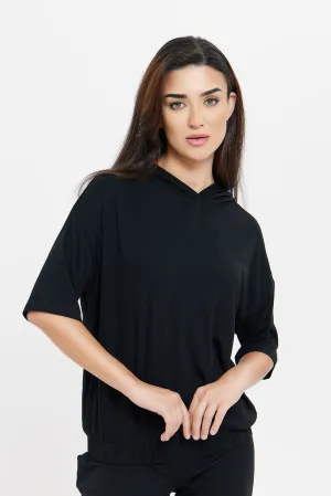Women Black Short Sleeve Hoodie Sweatshirt