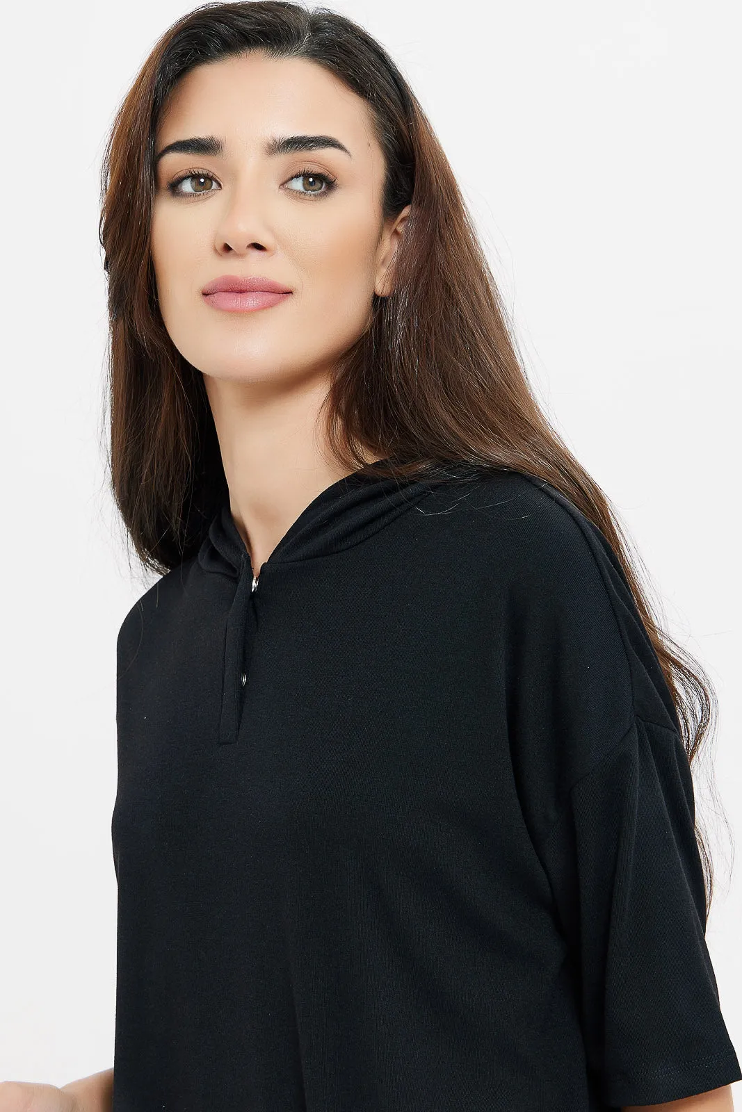 Women Black Short Sleeve Hoodie Sweatshirt