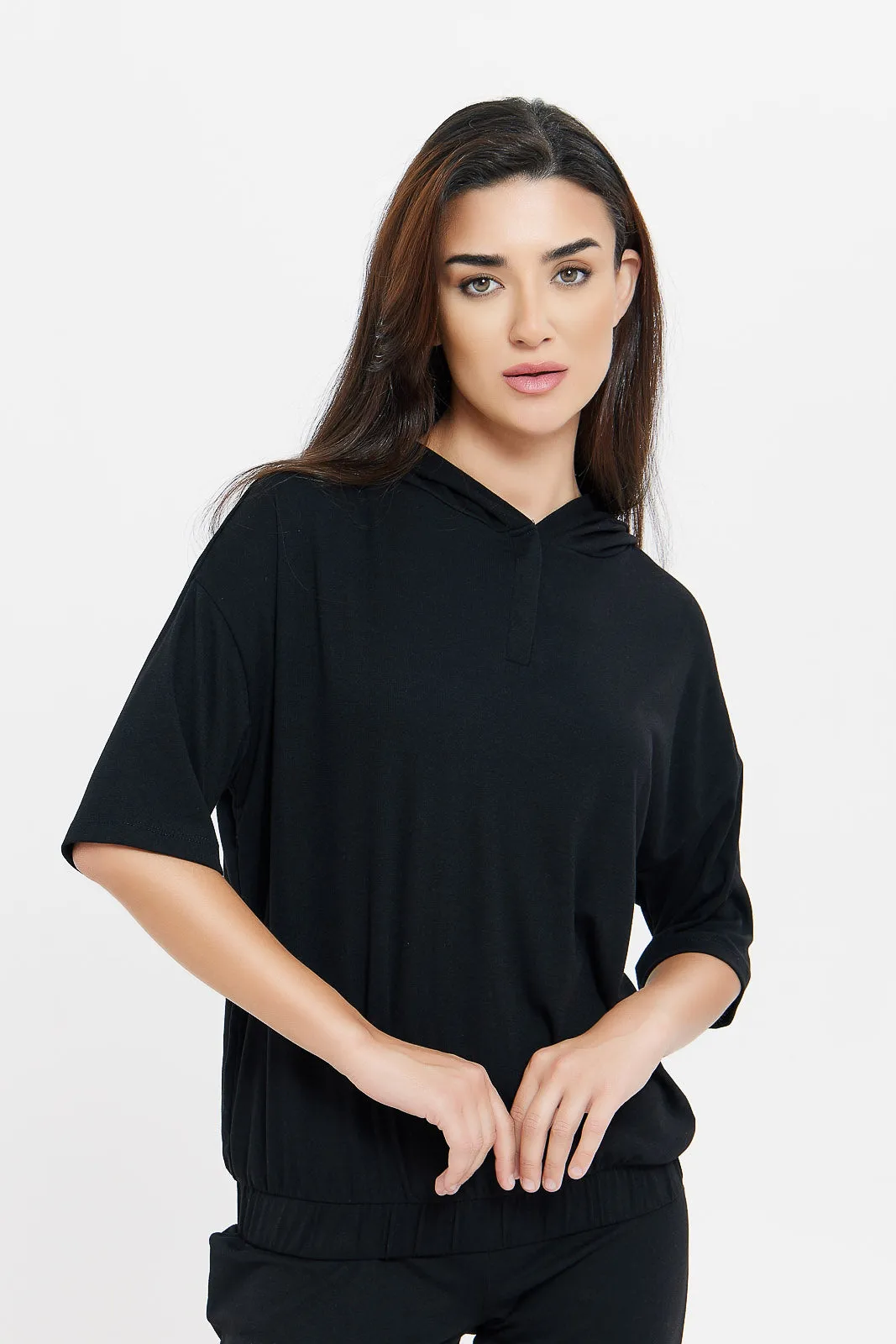 Women Black Short Sleeve Hoodie Sweatshirt