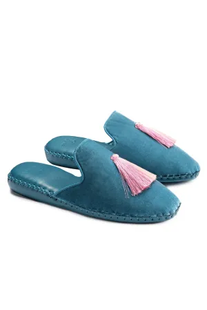 Women Classic Handmade Velvet Slippers - Peacock Blue