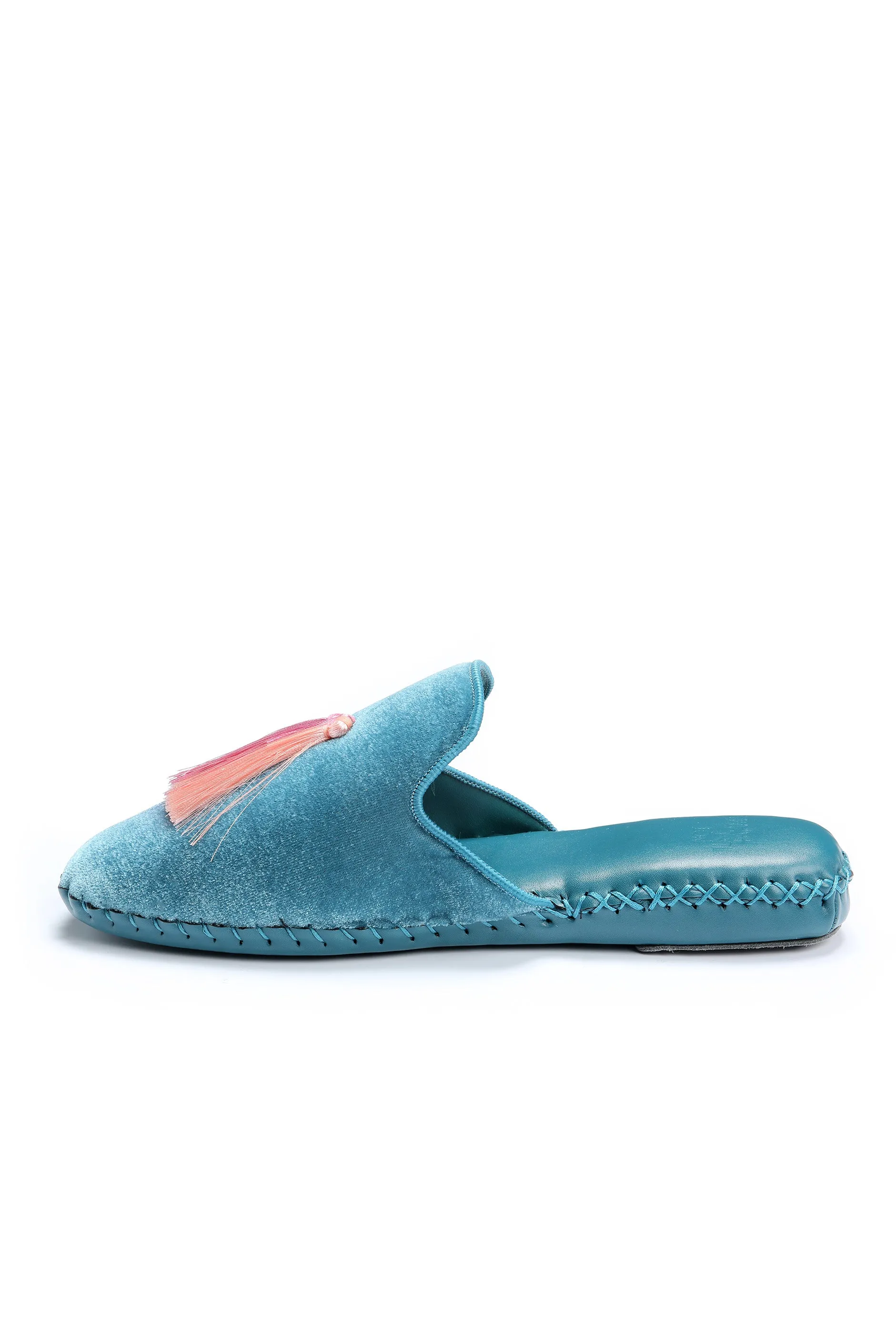 Women Classic Handmade Velvet Slippers - Peacock Blue