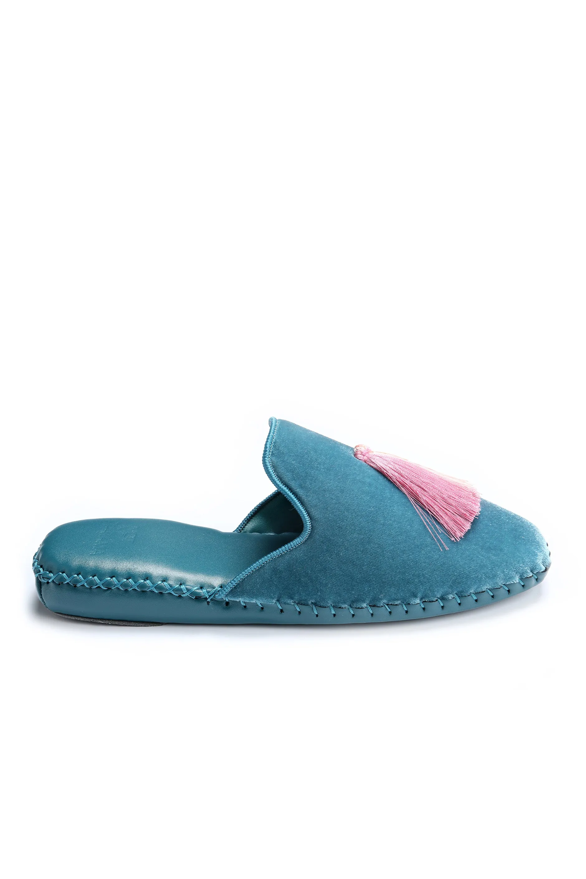 Women Classic Handmade Velvet Slippers - Peacock Blue