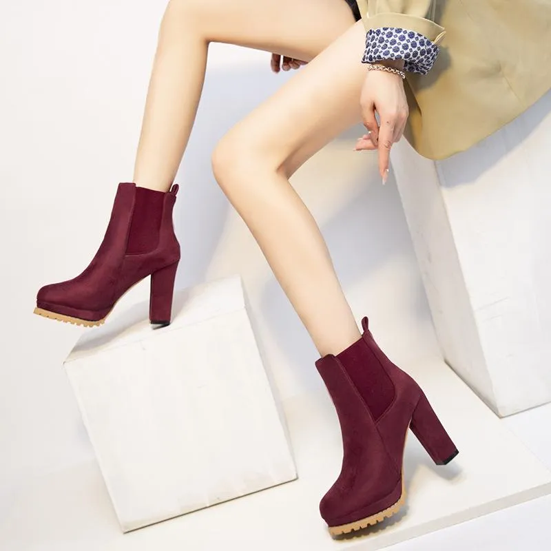 Women slip on chunky high heel short chelsea booties