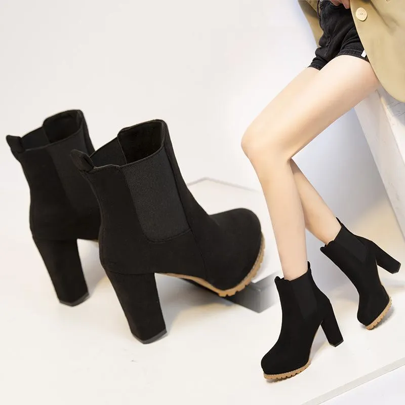 Women slip on chunky high heel short chelsea booties