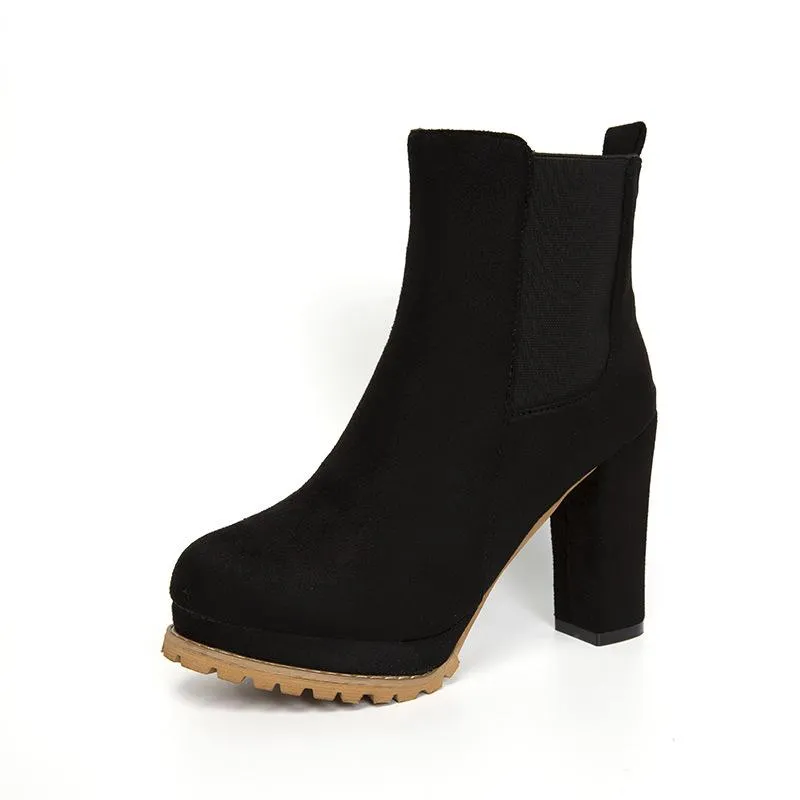 Women slip on chunky high heel short chelsea booties