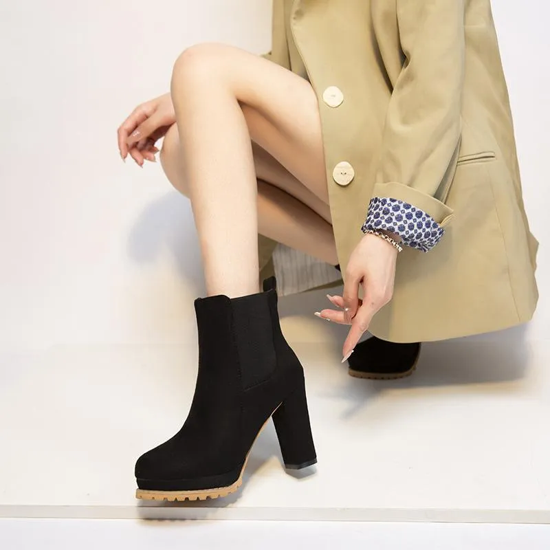 Women slip on chunky high heel short chelsea booties