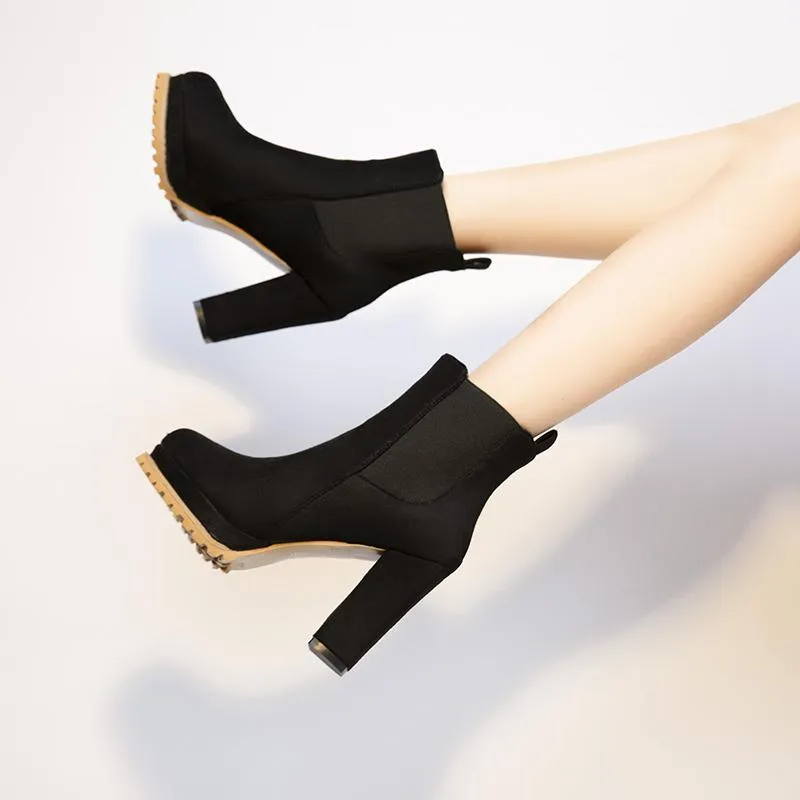 Women slip on chunky high heel short chelsea booties